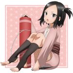 1girl black_eyes black_hair error fishnet_legwear fishnets hair_ornament highres japanese_clothes kimono kunai kunoichi_tsubaki_no_mune_no_uchi ninja open_mouth riokasen scroll scroll_tube short_kimono side_ponytail stirrup_legwear toeless_legwear toeless_socks toenails toes touwata_(kunoichi_tsubaki_no_mune_no_uchi) weapon