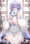  1girl azur_lane bare_shoulders breasts china_dress chinese_clothes clothing_cutout covered_navel covering_mouth cutout_above_navel dress feather_boa hair_between_eyes hand_fan highres holding holding_fan lace-trimmed_legwear lace_trim large_breasts light_purple_hair long_hair looking_at_viewer official_alternate_costume pelvic_curtain rodney_(azur_lane) rodney_(immaculate_beauty)_(azur_lane) ruwo sitting sleeveless sleeveless_dress solo thigh-highs under_boob underboob_cutout very_long_hair violet_eyes white_garter_straps white_legwear 