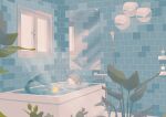  1girl absurdres bath bathroom bathtub blonde_hair closed_eyes commentary_request highres indoors lamp mermaid mirror monster_girl nature original partially_submerged plant rubber_duck shion_08 shower_head soap_bottle solo tile_wall tiles water window 