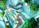  2girls :d aqua_eyes aqua_hair bath bathroom bathtub breasts brown_hair commentary commentary_request completely_nude from_above highres indoors llws long_hair looking_at_viewer looking_back looking_up mermaid mirror monster_girl multiple_girls nude open_mouth original outstretched_arms partially_submerged plant red_eyes shared_bathing shell shell_bikini short_hair shower_head smile spread_arms tile_floor tile_wall tiles towel_rack window 