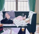  1boy bare_shoulders black_eyes black_hair chrollo_lucilfer couch cup facial_mark forehead_mark hair_down highres hunter_x_hunter indoors male_focus miko_hxh object_hug partially_undressed pillow pillow_hug solo 