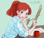  1girl anbj blue_eyes brown_hair cup earrings fio_piccolo jewelry kurenai_no_buta long_hair looking_at_viewer open_mouth paper plaid ponytail redhead shirt smile solo table 