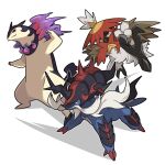 closed_mouth commentary_request hisuian_decidueye hisuian_samurott hisuian_typhlosion looking_at_viewer no_humans outline pokemon pokemon_(creature) poyo_party smile spikes standing starter_pokemon_trio white_background 