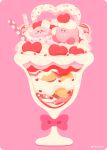  drinking_straw food heart kirby kirby_(series) marshmallow open_mouth parfait pink_background pink_theme rizu_(rizunm) simple_background sitting_on_food smile sprinkles 
