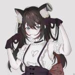  1girl :3 alternate_costume animal_ear_fluff animal_ears bangs black_choker black_gloves black_hair black_skirt breasts cat_ears cat_girl choker cleavage_cutout clothing_cutout frilled_choker frills gloves green_eyes grey_background heart_cutout high-waist_skirt inochi_(inochii_0) kemonomimi_mode medium_breasts mika_melatika multicolored_hair nail nijisanji nijisanji_id redhead skirt solo streaked_hair suspender_skirt suspenders upper_body virtual_youtuber 