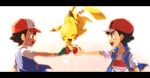  2boys :d ash_ketchum baseball_cap black_hair blue_jacket chitozen_(pri_zen) commentary_request dual_persona fingerless_gloves from_side gloves green_gloves hat highres jacket letterboxed male_focus multiple_boys open_mouth pikachu pokemon pokemon_(anime) pokemon_(classic_anime) pokemon_(creature) pokemon_swsh_(anime) red_headwear shirt short_hair short_sleeves sleeveless sleeveless_jacket smile t-shirt teeth tongue twitter_username upper_teeth watermark white_shirt 