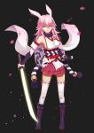  1girl absurdres animal_ears bangs bare_shoulders black_background boots breasts closed_mouth dual_wielding fox_ears fox_mask full_body highres holding holding_sword holding_weapon honkai_(series) honkai_impact_3rd japanese_clothes katana long_hair looking_at_viewer mask miko petals pink_hair pink_skirt purple_footwear sanfenjianshu sideboob simple_background skirt smile solo standing sword thigh-highs violet_eyes weapon white_legwear white_sleeves yae_sakura yae_sakura_(gyakushinn_miko) 