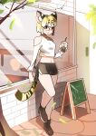  1girl absurdres animal_ears bare_legs boots cat_ears cat_tail chalkboard cup drinking_straw eyebrows_visible_through_hair glasses high_heel_boots high_heels highres implied_extra_ears kemono_friends leaf leaves_in_wind looking_at_viewer margay_(kemono_friends) midriff outdoors shirt short_hair shorts solo tail tommyyu4000 white_shirt window 