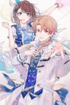  1boy 1girl absurdres blonde_hair blue_eyes blue_vest brown_hair capelet clenched_hand commentary_request formal front_ponytail hair_ornament hairclip hanasato_minori hand_on_own_chest heart heart_hair_ornament highres idol open_mouth project_sekai short_sleeves suit tenma_tsukasa vest ye_(pixiv4862539) yellow_eyes 