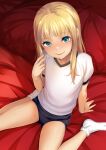  1girl arm_support blonde_hair blue_buruma blue_eyes buruma from_above gym_uniform hand_to_own_mouth leaning_back legs_apart long_hair looking_up original shirt short_sleeves sitting smile socks sody solo thighs white_footwear white_shirt 