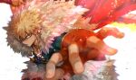  1boy bakugou_katsuki blonde_hair blurry boku_no_hero_academia cape depth_of_field earrings fingerless_gloves fur_collar gloves glowing highres jewelry lens_flare looking_at_viewer male_focus mkm_(mkm_storage) overexposure red_cape red_eyes red_gloves signature solo sparkle spiky_hair white_background 