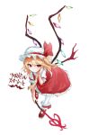  1girl ascot bangs blonde_hair crystal expressionless eyebrows_behind_hair flandre_scarlet frills from_above full_body hair_between_eyes hand_up hat hat_ribbon holding holding_polearm holding_weapon laevatein_(touhou) light_blush looking_at_viewer mary_janes mob_cap one_side_up pantyhose petticoat polearm red_eyes red_footwear red_ribbon red_skirt red_vest ribbon sakura_kara_no_ebi_ga_deta shoes skirt solo touhou vest weapon white_legwear wings yellow_ascot 