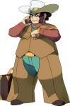  1boy belt belt_buckle briefcase brown_footwear brown_hair brown_shirt brown_vest buckle chaps clay_(pokemon) collared_shirt cowboy_hat frown full_body green_necktie green_pants hat holding long_sleeves looking_down male_focus necktie official_art oomura_yuusuke pants parted_lips pokemon pokemon_(game) pokemon_bw shirt shoes short_hair solo standing transparent_background vest watch watch white_headwear 