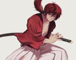  1boy drawing_sword highres himura_kenshin holding holding_sword holding_weapon japanese_clothes long_hair low_ponytail male_focus miko_hxh redhead rurouni_kenshin samurai scar scar_on_face sheath sheathed solo sword weapon 