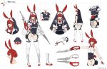  1girl animal_ears ass bare_shoulders boots character_name character_sheet commentary cross cross-laced_footwear english_commentary grin gunblade habit hair_bun highres knee_boots lace-up_boots leotard multiple_views original pouch rabbit_ears rabbit_girl rabbit_tail red_cross red_eyes redhead scissor_blade sharp_teeth short_sleeves sidelocks simple_background smile tail teeth thigh-highs thigh_strap thighhighs_under_boots unsomnus weapon white_background white_legwear 