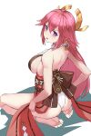 1girl animal_ears ass bare_arms bare_back bare_legs barefoot blush breasts earrings embarrassed feet genshin_impact haimei1980 hair_ornament highres japanese_clothes jewelry large_breasts long_hair looking_at_viewer looking_back obi open_mouth pink_hair sash seiza sitting soles violet_eyes yae_miko