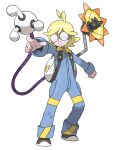  1boy absurdres ahoge backpack bag bangs black_footwear blonde_hair blue_jumpsuit clemont_(pokemon) clenched_hand full_body glasses highres jumpsuit long_sleeves male_focus mechanical_arms medium_hair official_art pointing pokemon pokemon_(game) pokemon_xy round_eyewear shoes solo standing sugimori_ken transparent_background white_bag 