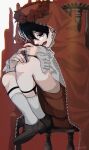  1boy absurdres black_eyes black_hair brown_footwear chair chess_piece cross earrings flower full_body head_wreath highres isumisumi jewelry long_sleeves mole mole_under_eye open_mouth original piercing queen_(chess) red_shorts red_theme rose shoes short_hair shorts sitting socks solo 