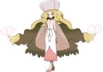  1girl arms_behind_back bangs blonde_hair blue_eyes butterfly_hair_ornament caitlin_(pokemon) cape closed_mouth collarbone dress eyelashes floating_hair full_body hair_ornament hand_on_own_wrist hat large_hat long_hair long_sleeves looking_at_viewer official_art oomura_yuusuke parted_bangs pink_cape pink_footwear pokemon pokemon_(game) pokemon_bw see-through_cape sidelocks solo standing transparent_background very_long_hair wavy_hair wedge_heels white_dress 