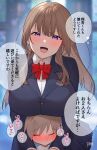  1boy 1girl age_difference blush bow bowtie breasts child commentary_request highres huge_breasts karinto_yamada large_breasts long_hair looking_at_viewer mature_female office_lady onee-shota original speech_bubble straight-on talking translation_request violet_eyes 