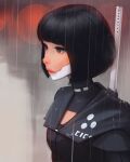  1girl black_hair blurry blurry_background breasts closed_mouth grey_eyes highres lips looking_afar rain sam_yang short_hair small_breasts solo 