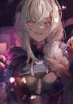  1girl betabeet black_bodysuit black_hoodie black_nails blonde_hair bodysuit braid cropped_hoodie fangs hair_ornament hairclip holding holding_stylus hood hoodie indie_virtual_youtuber long_hair looking_at_viewer open_mouth pink_eyes portrait saruei_(vtuber) smile solo stylus twin_braids v-shaped_eyebrows virtual_youtuber 