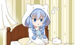  1girl angora_rabbit animal animal_hood bangs bed blue_camisole blue_eyes blue_hair braid camisole chestnut_mouth commentary_request curtains eyebrows_visible_through_hair gochuumon_wa_usagi_desu_ka? hair_between_eyes hair_ornament hood hood_up hooded_jacket indoors jacket kafuu_chino long_hair low_twintails mitya open_clothes open_jacket parted_lips pillow rabbit sitting sleepy tippy_(gochiusa) twin_braids twintails twitter_username under_covers waking_up white_jacket x_hair_ornament 