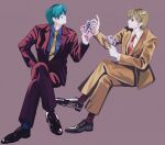  2boys blonde_hair blue_hair card crossed_legs formal highres hisoka_morow hunter_x_hunter male_focus miko_hxh multiple_boys pariston_hill playing_card simple_background sitting smile suit voice_actor_connection 