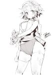  1girl blush breasts character_request closed_mouth dated ejami greyscale looking_at_viewer monochrome short_hair shorts signature simple_background solo thigh-highs white_background 
