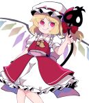  1girl ascot bangs belt blonde_hair bow closed_mouth collar collared_shirt crystal eyebrows_visible_through_hair flandre_scarlet front_slit hand_up hat hat_ribbon highres iganashi1 jewelry looking_to_the_side mob_cap multicolored_wings one_side_up overskirt pink_belt pink_bow pink_eyes polearm puffy_short_sleeves puffy_sleeves red_bow red_eyes red_ribbon red_skirt red_vest ribbon shirt short_hair short_sleeves simple_background skirt smile solo spear standing touhou touhou_gouyoku_ibun vest weapon white_background white_headwear white_shirt white_skirt wings yellow_ascot 