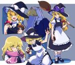  1girl bangs black_skirt black_vest blonde_hair blue_capelet blush braid broom capelet crescent crescent_pin depressed eyebrows_visible_through_hair grin hair_between_eyes hair_ribbon hands_on_own_head hat iganashi1 kirisame_marisa long_hair long_sleeves mini-hakkero multiple_views mushroom open_mouth pink_scarf puffy_short_sleeves puffy_sleeves red_ribbon ribbon scarf shirt short_sleeves skirt smile touhou vest white_shirt witch_hat yellow_eyes 