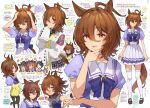  ! 5girls absurdres agnes_tachyon_(umamusume) ahoge animal_ears artist_logo artist_name bangs black_legwear breasts brown_footwear brown_hair chin_stroking closed_mouth coat daiwa_scarlet_(umamusume) earrings food frown fruit fuji_kiseki_(umamusume) highres horse_ears horse_girl horse_tail jewelry labcoat looking_at_viewer medium_breasts medium_hair multiple_girls narita_taishin_(umamusume) open_mouth orange_(fruit) outstretched_arms pleated_skirt puffy_short_sleeves puffy_sleeves sailor_collar school_uniform shoes short_sleeves single_earring skirt sleeves_past_fingers sleeves_past_wrists smile solo_focus speech_bubble spoken_exclamation_mark spread_arms sweater sweep_tosho_(umamusume) tail test_tube thigh-highs tracen_school_uniform translation_request umamusume white_coat white_legwear white_skirt yanyo_(ogino_atsuki) yellow_sweater 