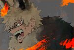  1boy angry animal_ear_request animal_ears bakugou_katsuki blonde_hair boku_no_hero_academia fangs fangs_out fur_collar grey_background male_focus mkm_(mkm_storage) open_mouth red_eyes signature simple_background solo spiky_hair teeth tongue 