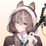  1girl :3 animal_ear_fluff animal_ears arknights bangs brown_eyes brown_hair closed_mouth ears_through_headwear eyebrows_visible_through_hair fur-trimmed_hood fur_trim gradient gradient_background hair_between_eyes highres holding holding_staff honeyberry_(arknights) hood hood_up long_hair looking_at_viewer low_twintails multicolored_hair smile solo staff streaked_hair twintails two-tone_hair upper_body yellow_background 