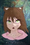  animal_ears bangs brown_hair cat_ears eyebrows_visible_through_hair fang forest green_eyes head_only highres hood hoodie looking_at_viewer nature nekomata non-web_source open_mouth original pink_hoodie portrait short_hair simple_background solo surprised tongue 