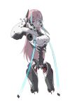  1girl amputee android breasts cable ctpt9r hair_between_eyes headgear highres joints light_smile long_hair looking_at_viewer medium_breasts original pink_hair robot_joints science_fiction solo spine violet_eyes white_background 