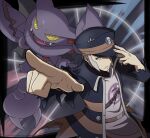  1boy arm_up belt belt_buckle black_coat black_headwear brown_belt buckle buttons coat commentary_request gliscor grey_eyes grey_hair hand_on_headwear hat high_collar highres ingo_(pokemon) jacket long_sideburns male_focus open_clothes open_coat peaked_cap pearl_clan_outfit pointing pokemon pokemon_(creature) pokemon_(game) pokemon_legends:_arceus purple_jacket saon101 short_hair sideburns torn_clothes torn_coat trench_coat 