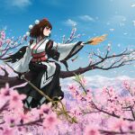  1girl absurdres black_wings blue_sky blurry blurry_background blurry_foreground breasts brown_hair cherry_blossoms cherry_tree day depth_of_field fasnakegod feathered_wings flower from_side full_body geta hat hauchiwa highres holding holding_staff in_tree kourindou_tengu_costume long_sleeves medium_breasts outdoors outstretched_arm petals pink_flower pom_pom_(clothes) red_eyes red_footwear red_headwear red_tassel scenery shameimaru_aya short_hair sitting sitting_in_tree sky solo staff tokin_hat touhou tree white_legwear wide_sleeves wind wings 