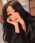  1girl arm_support black_hair brown_eyes closed_mouth collarbone highres lips long_hair long_sleeves looking_at_viewer sam_yang solo 