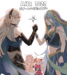  4girls aqua_hair azura_(fire_emblem) bangs bare_shoulders blonde_hair blush closed_eyes closed_mouth corrin_(fire_emblem) corrin_(fire_emblem)_(female) elise_(fire_emblem) eyebrows_visible_through_hair fire_emblem fire_emblem:_path_of_radiance fire_emblem_fates fire_emblem_heroes hair_ornament hair_ribbon hairband highres holding_hands jewelry leanne_(fire_emblem) midriff multicolored_hair multiple_girls navel necklace official_alternate_costume open_mouth pointy_ears purple_hair red_eyes ribbon scarf soba_rkgk teeth twitter_username upper_teeth violet_eyes white_background white_hair yellow_eyes 