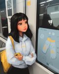  1girl backpack bag black_hair brown_eyes closed_mouth ground_vehicle highres holding holding_phone indoors lips long_hair long_sleeves phone sam_yang solo train 