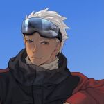  1boy archer_(fate) black_jacket close-up dark-skinned_male dark_skin face fate/grand_order fate/stay_night fate_(series) goggles goggles_on_head grey_eyes jacket male_focus mondi_hl multicolored_clothes multicolored_jacket red_jacket reflection smile smirk solo spiky_hair twitter_username two-tone_jacket white_hair 