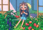  1girl 1nupool :d ahoge animal bangs bell_pepper bell_pepper_plant blue_shirt blue_shorts blush_stickers brown_eyes brown_hair cat eating eggplant eyebrows_visible_through_hair flip-flops food food_on_face fusuma garden grass green_pepper hands_up hat hat_around_neck highres holding holding_food holding_vegetable hot leaf light_particles long_hair no_nose no_pupils open_mouth original outdoors outstretched_legs pepper pet plant sandals scenery shade shirt shoe_soles short_sleeves shorts sitting sliding_doors smile solo spread_legs straight_hair straw_hat sun_hat t-shirt tan tatami tomato_plant tongue tongue_out v-shaped_eyebrows vegetable w_arms yellow_footwear 