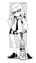  1girl bike_shorts blush closed_mouth commentary glasses greyscale holding inkling long_sleeves monochrome necktie pointy_ears shirt shoes short_hair shorts solo splat_brella_(splatoon) splatoon_(series) splatoon_2 standing tentacle_hair toku_(ke7416613) twitter_username 