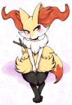  1girl animal_ear_fluff animal_ears animal_feet animal_nose between_legs blush body_fur braixen commentary_request flat_chest flying_sweatdrops fox_ears fox_girl fox_tail full_body fur_collar furry furry_female hand_between_legs highres legs_together looking_at_viewer navel negoya nervous open_mouth own_hands_together pokemon pokemon_(creature) red_eyes red_fur sitting snout solo star_(symbol) starry_background stick tail v_arms white_background white_fur yellow_fur 