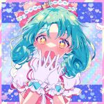  1girl :o amiran_(_q_mo) blush bow frilled_cuffs gloves green_hair hair_bow hand_to_own_mouth heart highres idol idolmaster idolmaster_million_live! looking_at_viewer polka_dot polka_dot_background puffy_short_sleeves puffy_sleeves short_sleeves solo star-shaped_pupils star_(symbol) symbol-shaped_pupils tokugawa_matsuri upper_body white_gloves 