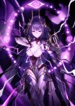  1girl absurdres armor bangs bodysuit breasts dawon electricity engulfing_lightning_(genshin_impact) genshin_impact headgear highres holding holding_polearm holding_weapon human_scabbard large_breasts lightning looking_at_viewer musou_isshin_(genshin_impact) parted_lips polearm purple_bodysuit purple_hair raiden_shogun shoulder_armor solo violet_eyes weapon 