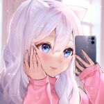  1girl animal_ear_fluff animal_ears bangs cat_ears cellphone closed_mouth commentary eyebrows_behind_hair hair_between_eyes hands_up holding holding_phone long_hair long_sleeves looking_away nami_(nyaa) original phone pink_sweater puffy_long_sleeves puffy_sleeves selfie silver_hair sleeves_past_wrists smile solo sweater upper_body window 