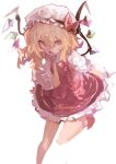  1girl absurdres ascot bangs blonde_hair bow crystal eyebrows_visible_through_hair fang flandre_scarlet frills hair_between_eyes hat highres kaamin_(mariarose753) looking_at_viewer mob_cap one_side_up open_mouth puffy_short_sleeves puffy_sleeves red_bow red_eyes red_ribbon red_skirt red_vest ribbon shirt short_hair short_sleeves side_ponytail simple_background skirt solo touhou vest white_background white_shirt wings yellow_ascot yellow_neckwear 