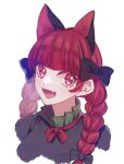  1girl :d absurdres animal_ears bad_id bad_pixiv_id bangs black_bow black_dress blunt_bangs blush bow bowtie braid cat_ears cropped_torso dress eyebrows_visible_through_hair fang hair_bow highres kaenbyou_rin kuga. long_hair looking_at_viewer nekomata open_mouth portrait red_bow red_bowtie red_eyes redhead simple_background smile solo tongue touhou twin_braids white_background 